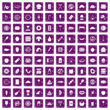 100 lezzetli yemekler simgeler grunge mor ayarla