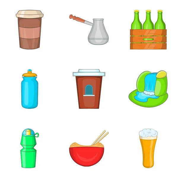 Juego de iconos de bebidas de viaje, estilo de dibujos animados — Vector de stock