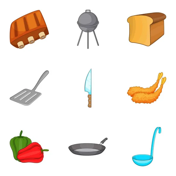 Conjunto de iconos de comida a la parrilla, estilo dibujos animados — Vector de stock