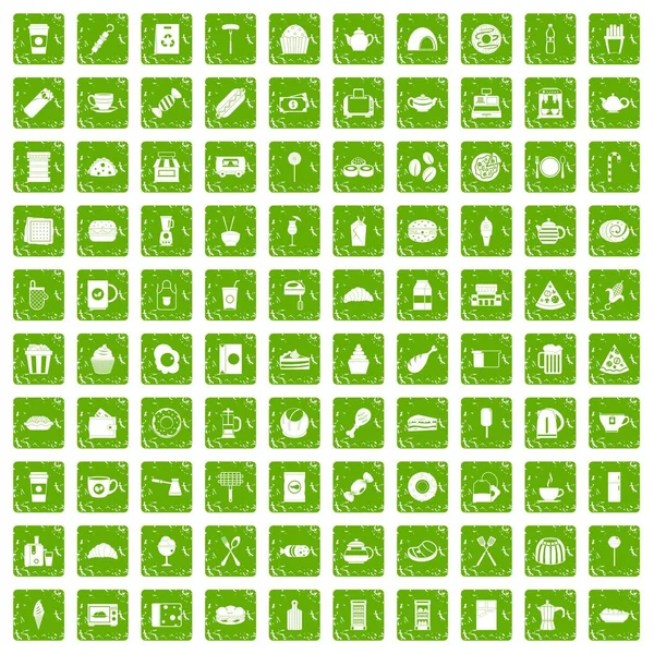 100 icônes café ensemble vert grunge — Image vectorielle