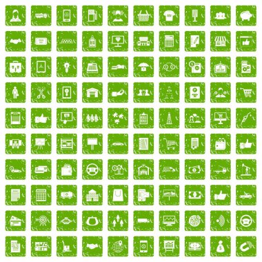 100 iş ikonları/simgeleri grunge yeşil ayarla