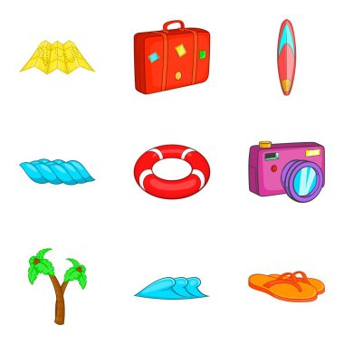 Bir bavul Icons set, karikatür tarzı bir araya