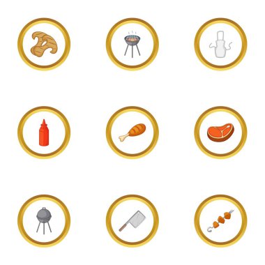 Tarzı Barbekü Icons set üzerinde yemek, çizgi film