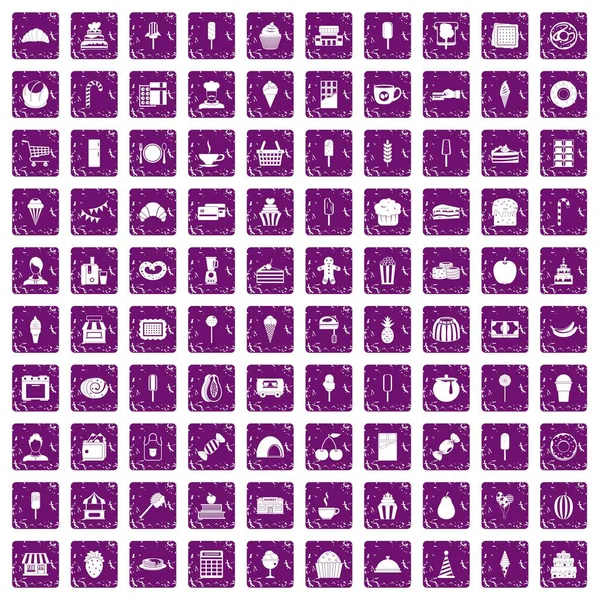 100 десертних іконок набір гранжевий фіолетовий — стоковий вектор