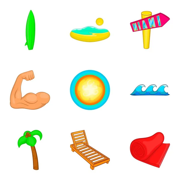 Sonnenbaden am Strand Ikonen gesetzt, Cartoon-Stil — Stockvektor