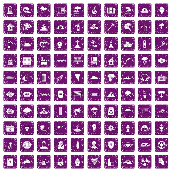 100 disaster icons set grunge purple — Stock Vector