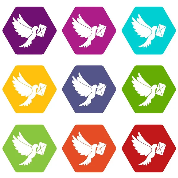 Dove carrying envelope icon set color hexahedron — Stock Vector
