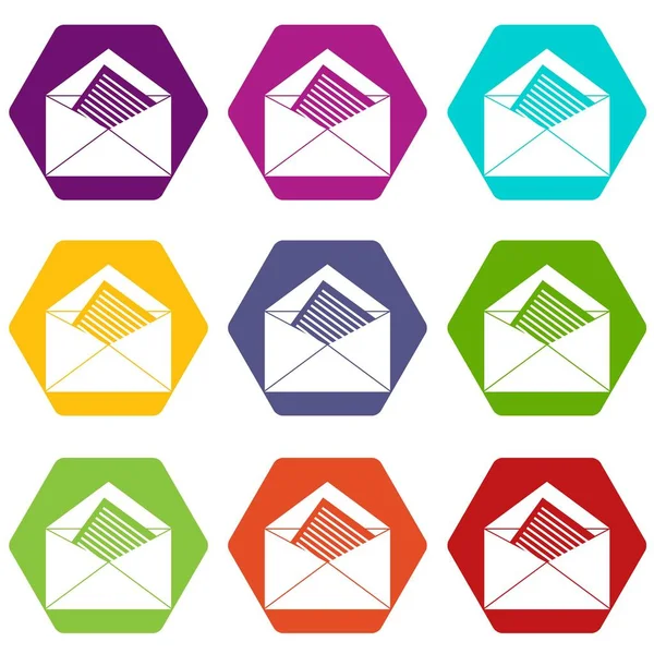 Відкритий конверт з аркушем паперу набір кольорових шестигранників — стоковий вектор
