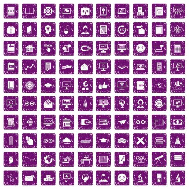 100 e-öğrenme simgeler grunge mor ayarla