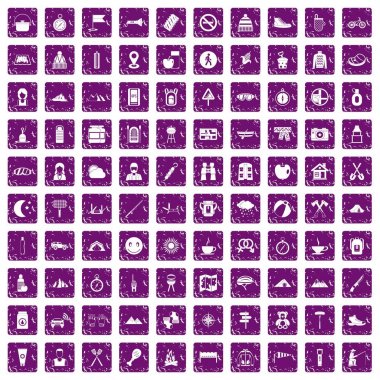 100 Aile Kamp simgeler grunge mor ayarla