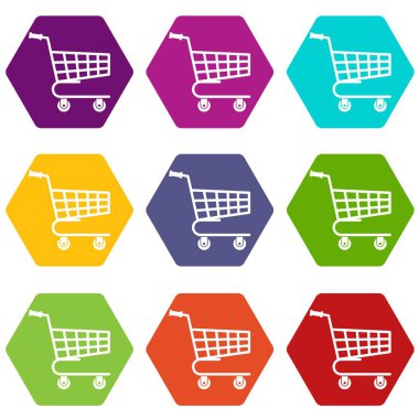 Renk altı yüzlü alışveriş sepeti Icon set