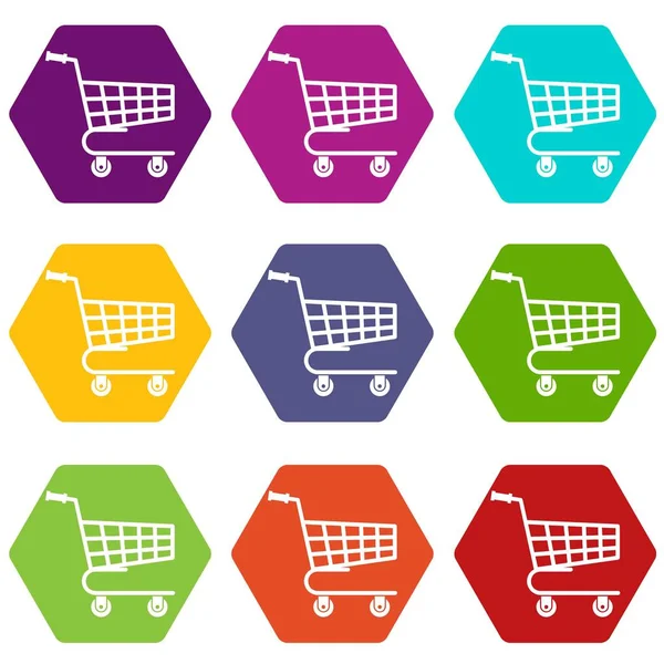 Renk altı yüzlü alışveriş sepeti Icon set