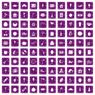 100 meyve parti simgeler kümesi grunge mor