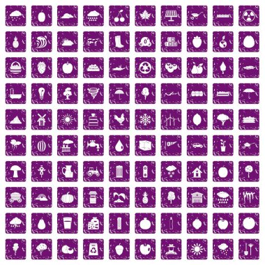 100 meyve simgeler grunge mor ayarla