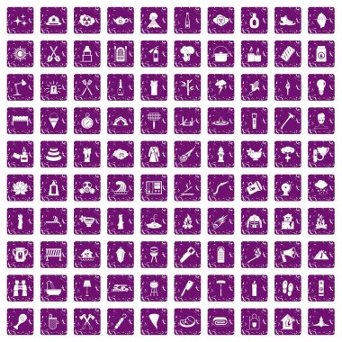 100 yangın simgeler grunge mor ayarla