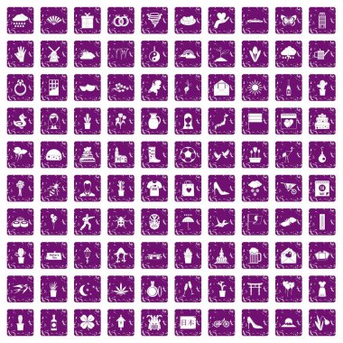 100 çiçek simgeleri grunge mor ayarla