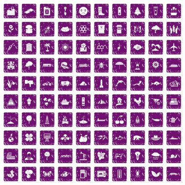 100 küresel ısınma simgeler grunge mor ayarla