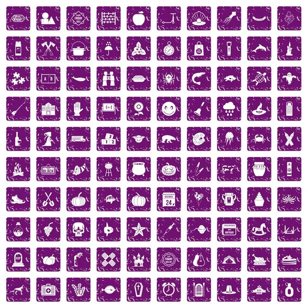 100 秋季假期图标设置 grunge 紫色 — 图库矢量图片
