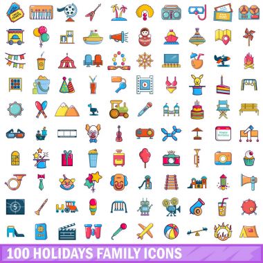 100 tatil aile Icons set, karikatür tarzı