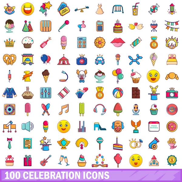 100 iconos de celebración conjunto, estilo de dibujos animados — Vector de stock