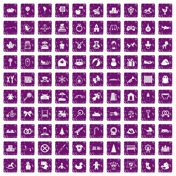 100 baby icons set grunge purple — Stock Vector