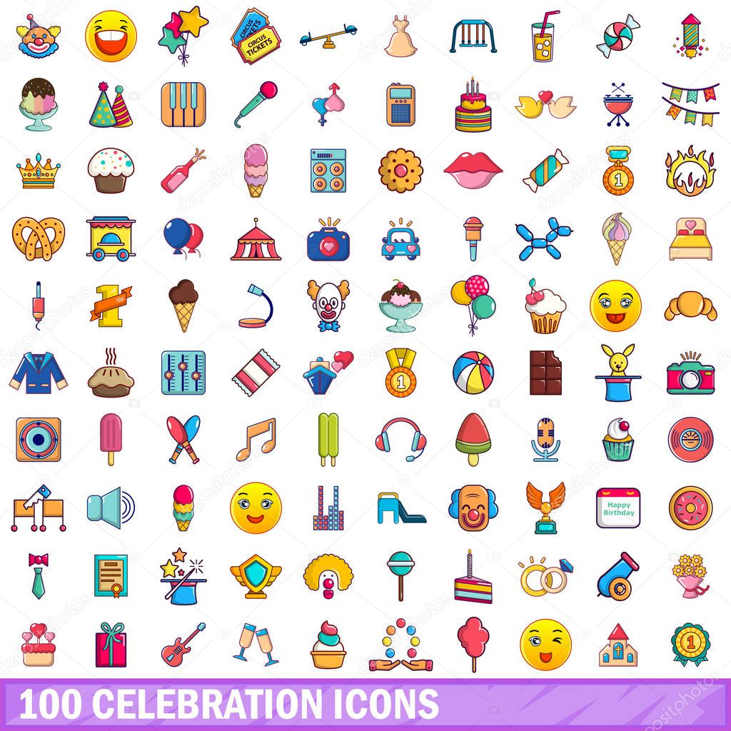 100 celebration icons set, cartoon style