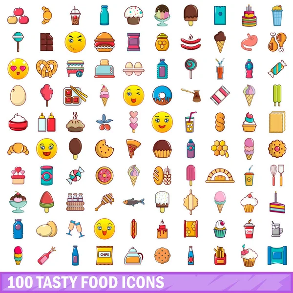 100 conjunto de ícones de comida saborosa, estilo cartoon — Vetor de Stock