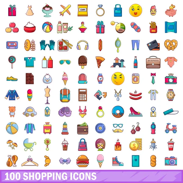 100 iconos de compras conjunto, estilo de dibujos animados — Vector de stock