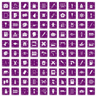 100 boya okul simgeler grunge mor ayarla