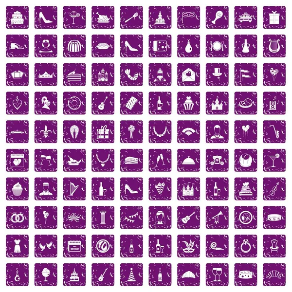 100 banquet icons set grunge purple — Stock Vector