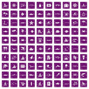 100 okyanus simgeler grunge mor ayarla