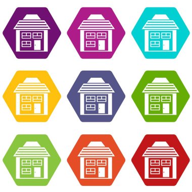 Eğimli çatı simgesi olan iki katlı ev renk altı yüzlü ayarla