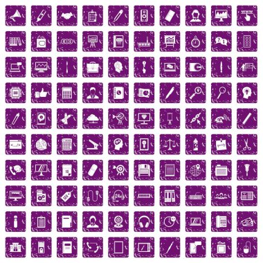 100 office iş simgeleri grunge mor ayarla