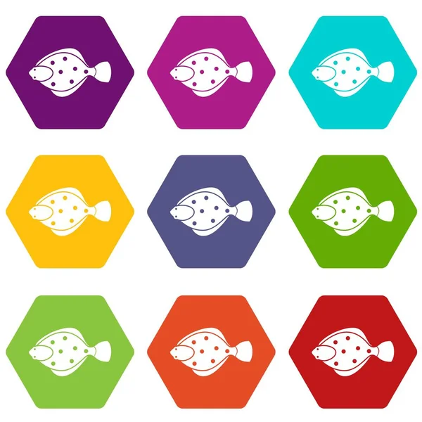 Flounder fish icon set color hexaedro — Vector de stock