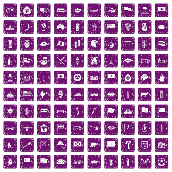 100 iconos de bandera nacional set grunge púrpura — Archivo Imágenes Vectoriales