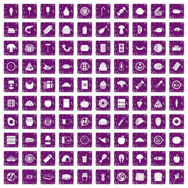 100 іконок їжі набір гранж фіолетовий — стоковий вектор
