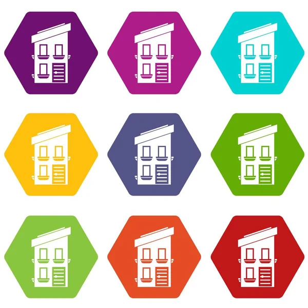 Renk altı yüzlü iki katlı ev Icon set