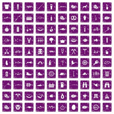 100 Barbekü simgeler grunge mor ayarla