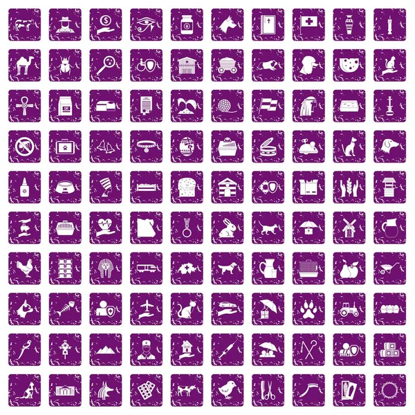 100 pets icons set grunge purple — Stock Vector