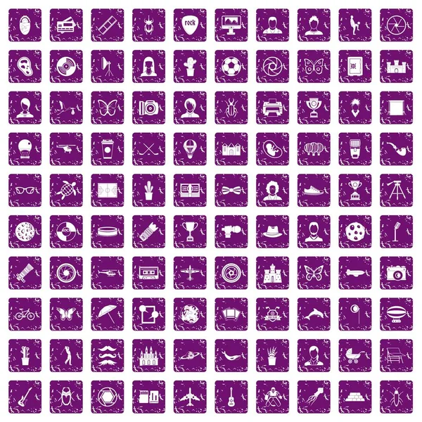100 photo icons set grunge purple — Stock Vector