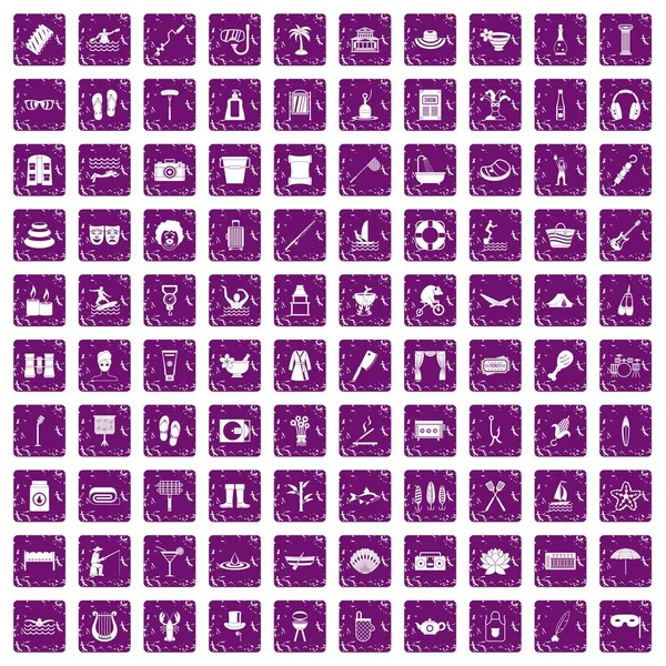 100 recreation icons set grunge purple — Stock Vector