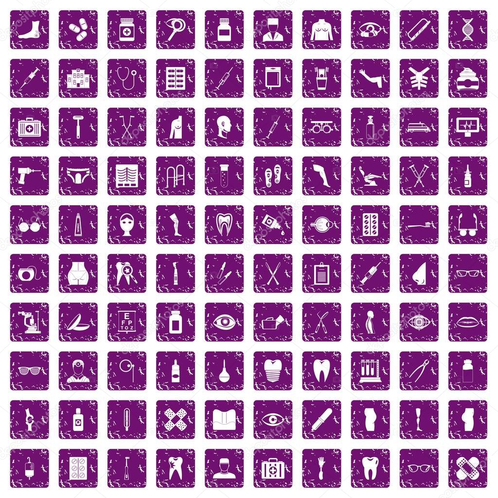 100 pharmacy icons set grunge purple