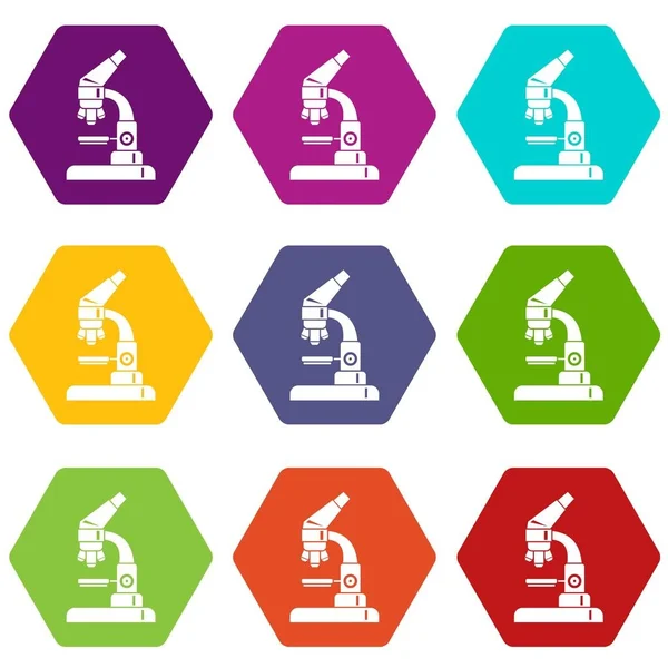 Set de iconos de microscopio hexaedro de color — Vector de stock