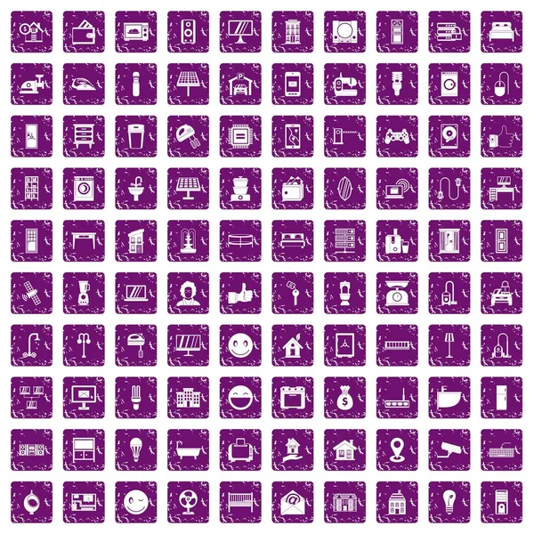 100 икон смарт-дома установили фиолетовый гранж — стоковый вектор