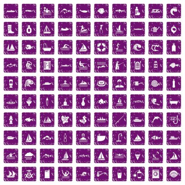 100 su simgeler grunge mor ayarla