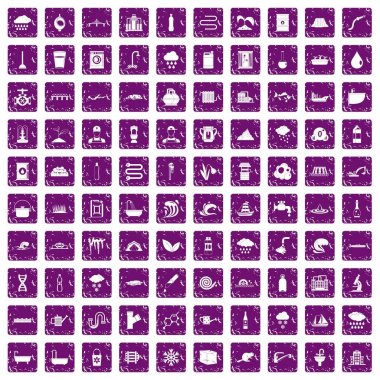 100 su kaynağı simgeleri grunge mor ayarla