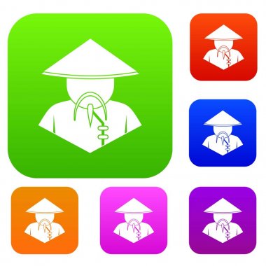 Konik şapkalı Asya adam renk koleksiyonu ayarla