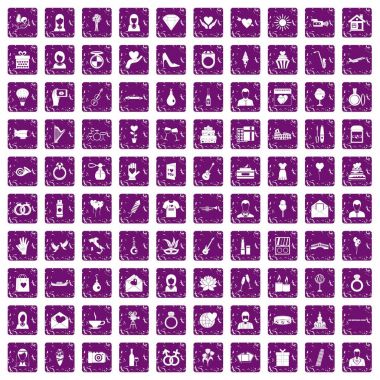 100 düğün simgeler grunge mor ayarla