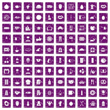 100 kahvaltı simgeler grunge mor ayarla