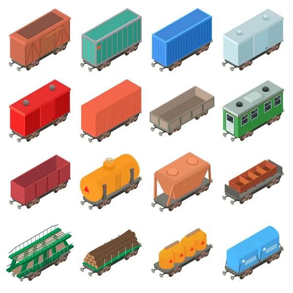 Ikonen-Set für Eisenbahnwaggons, isometrischer Stil — Stockvektor
